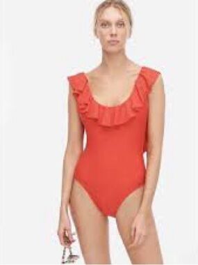 J. Crew Ruffle Scoop Back  Light Blue One Piece Bathing Suit 16
